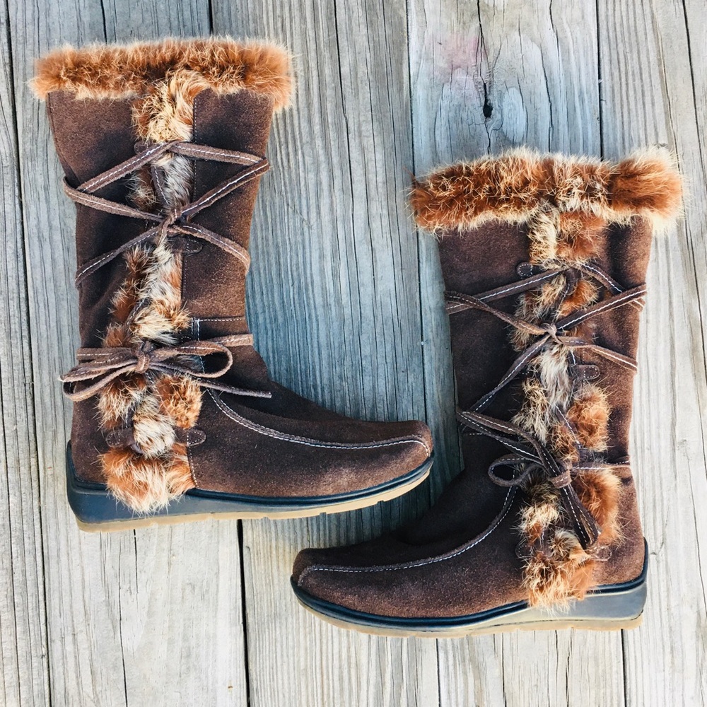 Colin Stuart Brown Suede Leather Genuine Fur Trimmed Winter Flat Boots 6.5